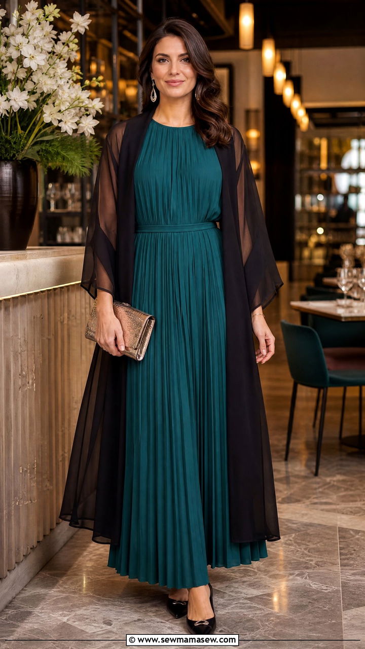 Pleated Maxi Dress With Kimono - 30 Maxi dress with a kimono outfit ideas