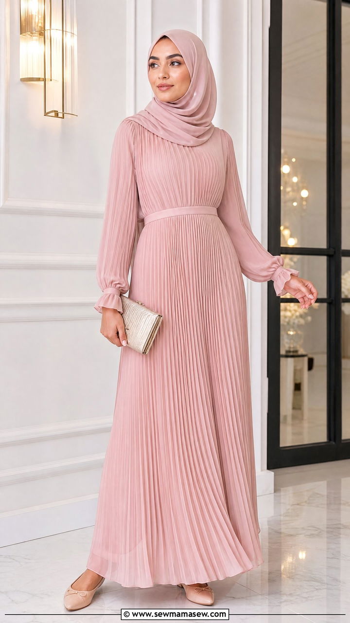 Pleated Maxi Dress With Long Sleeves - 30 Ramadan outfit ideas modest
