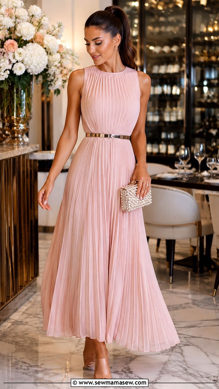 Pleated Maxi Dress With Metallic Belt And Heeled Mules - 30 Maxi dress with a belt outfit ideas