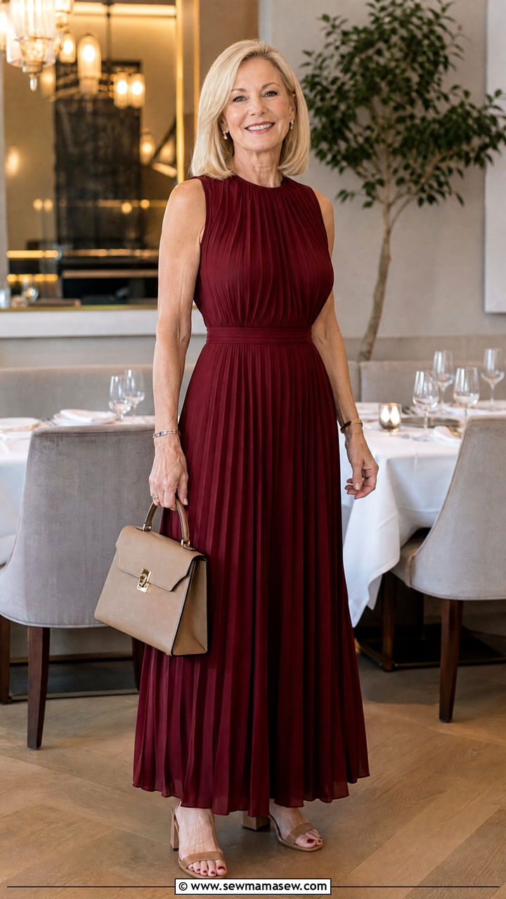 Pleated Maxi Dress with Block Heels and a Structured Handbag - 30 Maxi dress for women over 50 outfit ideas