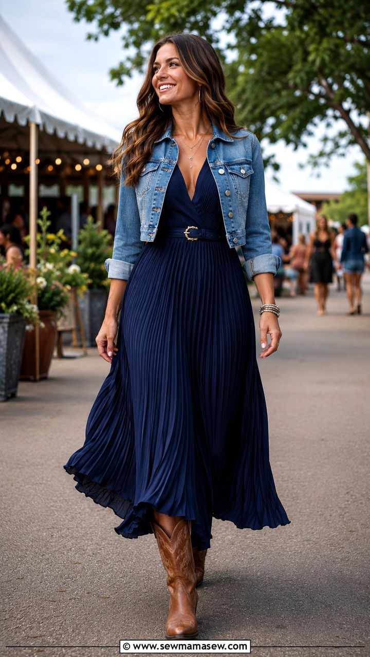 Pleated Maxi Dress with Cowboy Boots - 30 Maxi dress with cowboy boots outfit ideas