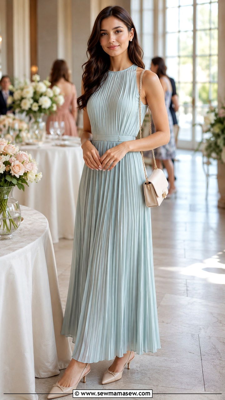 Pleated Maxi Dress with Kitten Heels Outfit - 30 Maxi dress with heels outfit ideas
