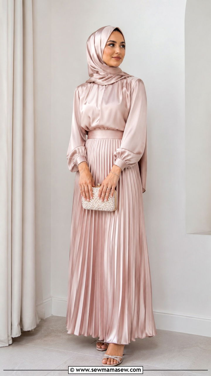 Pleated Maxi Skirt And Blouse With Hijab - 30 Modest wedding guest outfit ideas with hijab