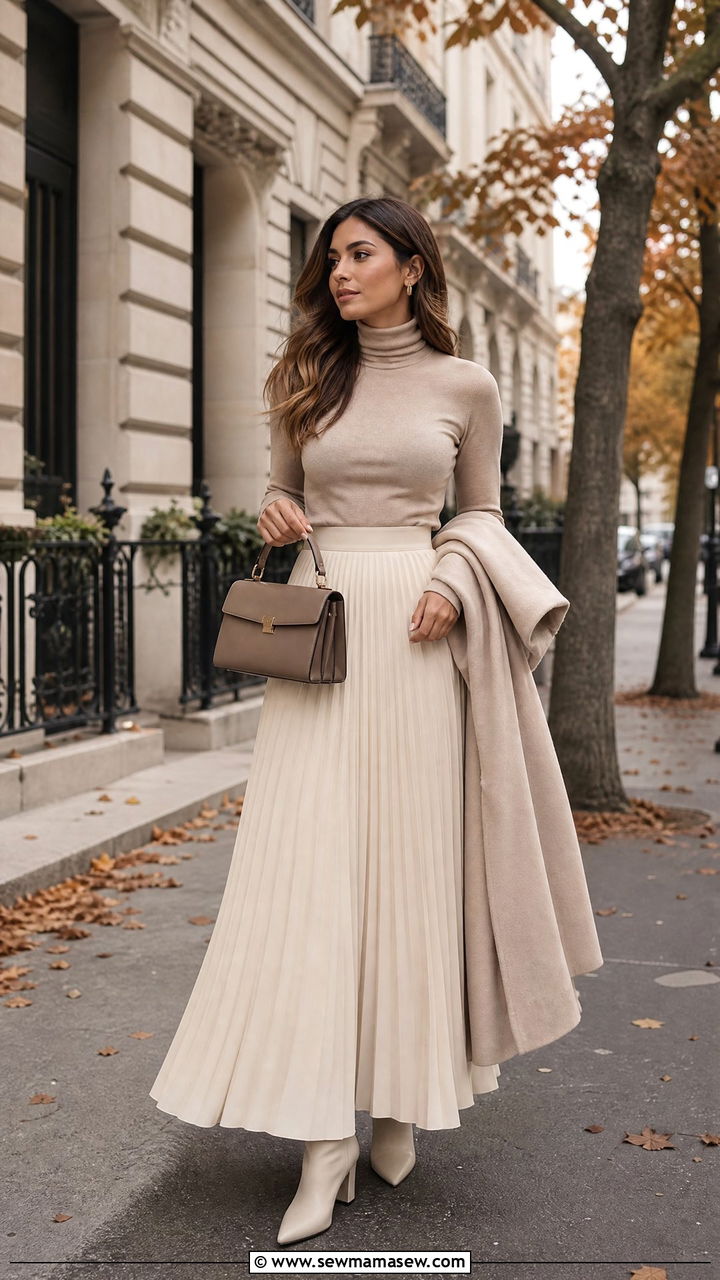 Pleated Maxi Skirt And Turtleneck - 35 maxi skirt outfits inspo