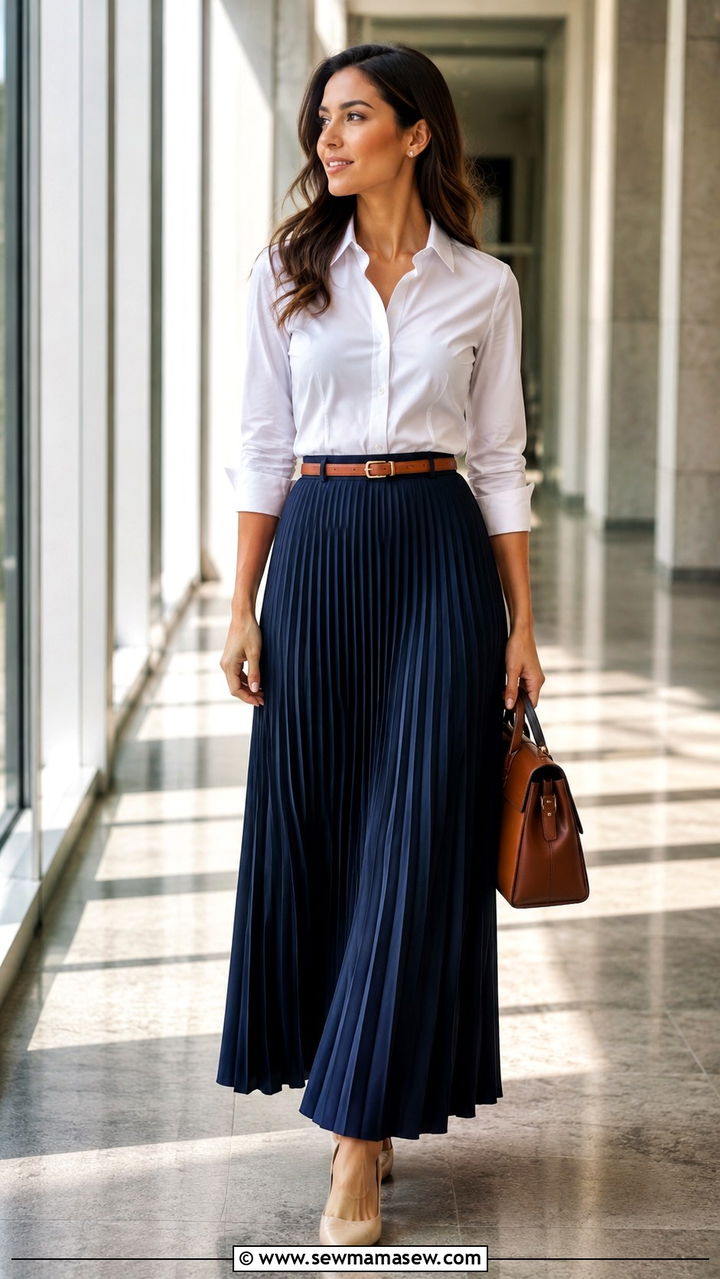 Pleated Maxi Skirt With Button Down Shirt - 30 Maxi skirt outfit ideas for work