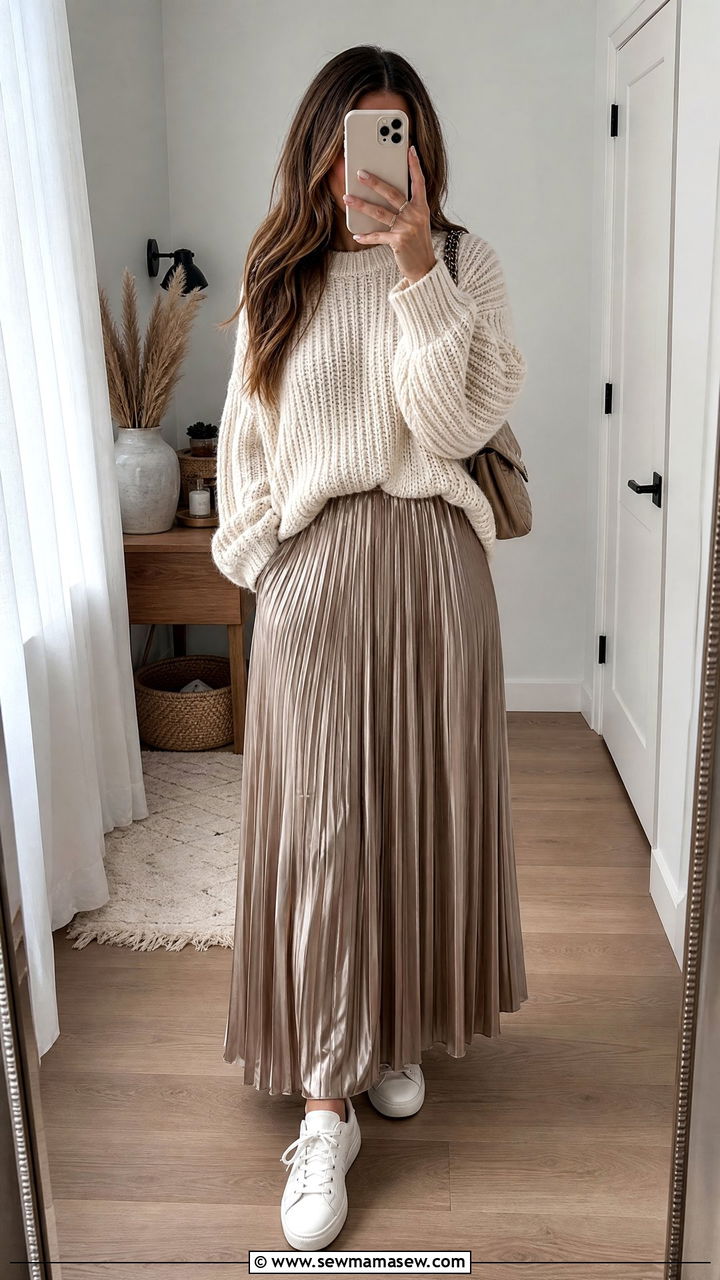 Pleated Maxi Skirt With Chunky Knit Sweater And Sneakers Outfit - 25 Modest outfit ideas layering hacks