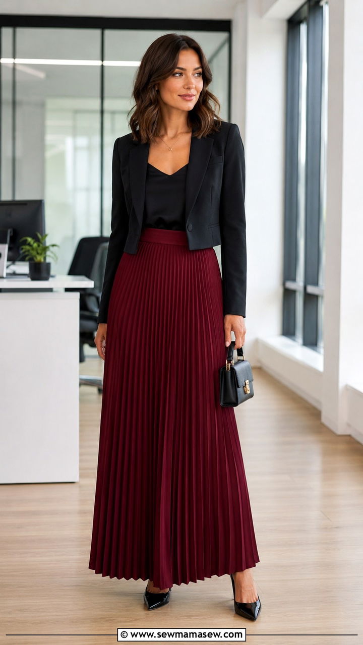 Pleated Maxi Skirt With Cropped Blazer - 30 Maxi skirt outfit ideas for work