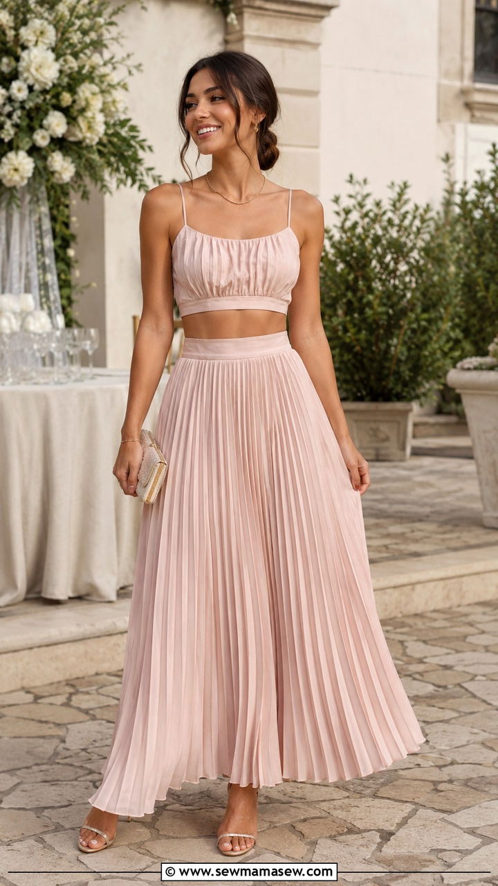 Pleated Maxi Skirt With Cropped Top - 25 Wedding guest outfit ideas 5'4