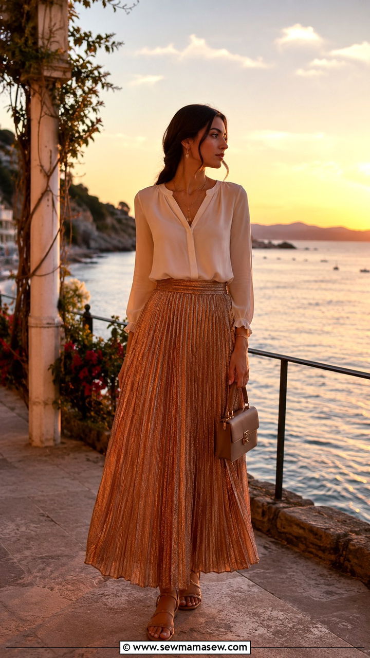 Pleated Maxi Skirt With Lightweight Blouse - 25 Vacation outfit ideas modest women