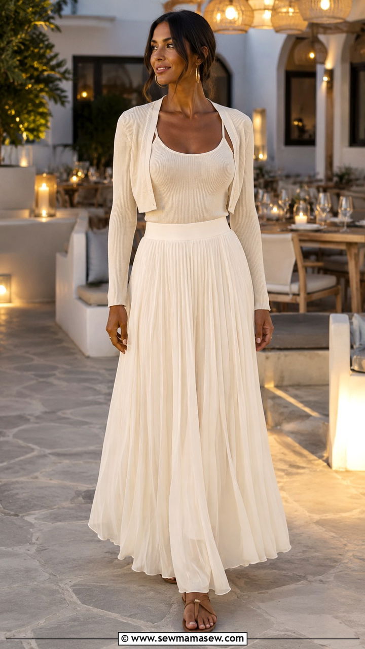 Pleated Maxi Skirt With Ribbed Tank And Shrug Outfit - 25 Modest outfit ideas for summer heat hot weather