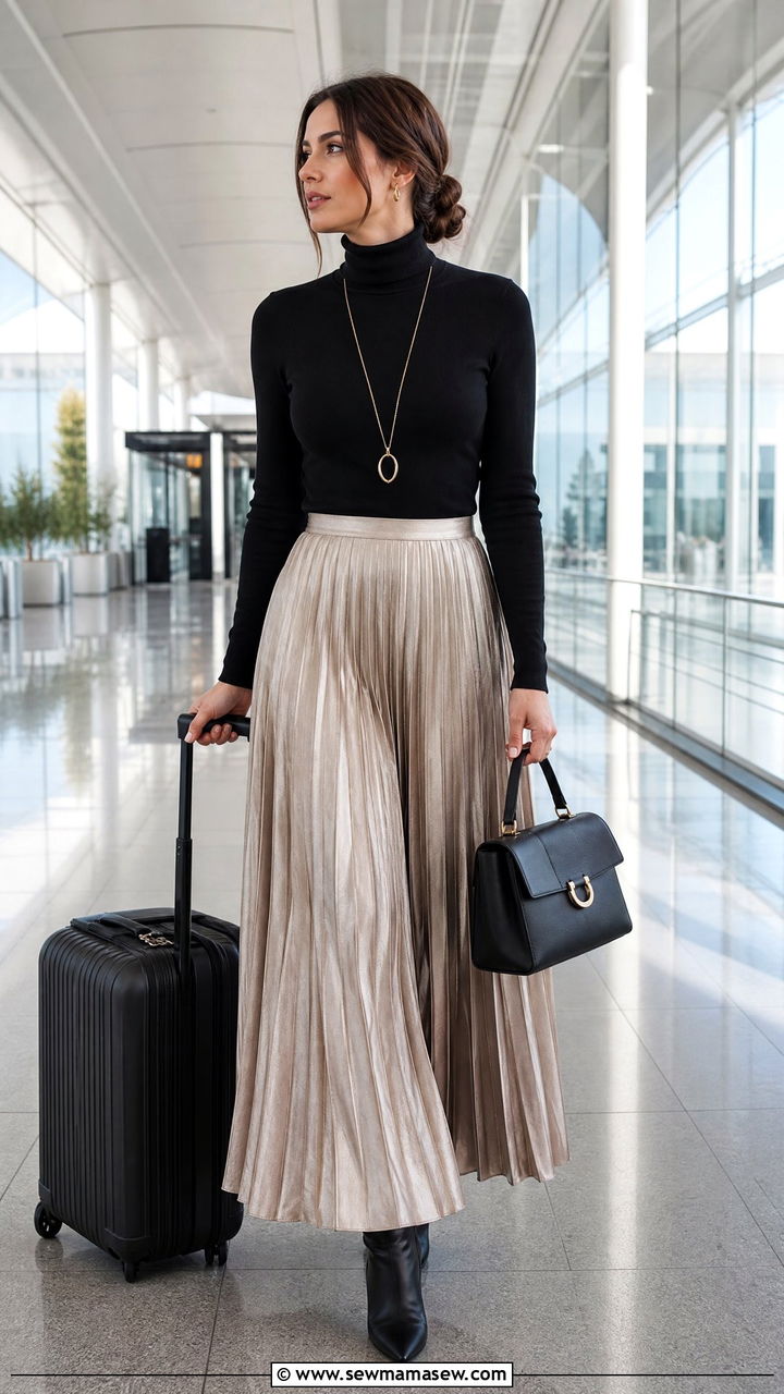 Pleated Maxi Skirt With Turtleneck Travel Outfit - 30 modest airport outfit ideas
