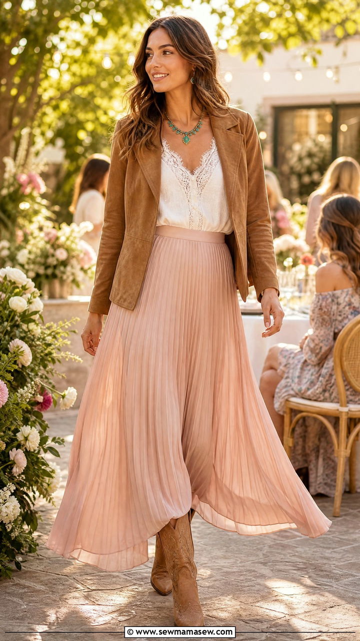 Pleated Maxi Skirt With Western Boots - 30 Pleated skirt outfit ideas with boots