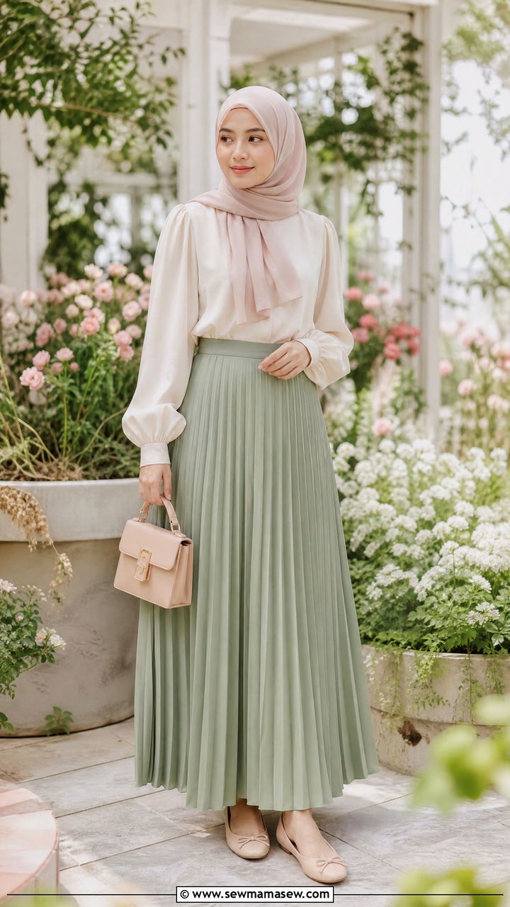 Pleated Maxi Skirt with Blouse and Ballet Flats - 25 casual outfits for hijab women