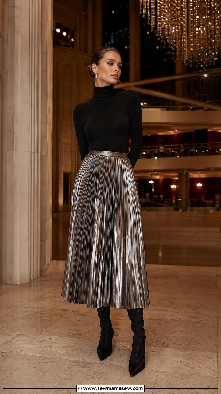 Pleated Metallic Midi Skirt With A Slim Turtleneck And Pointed Boots - 35 Concert outfits for tall women