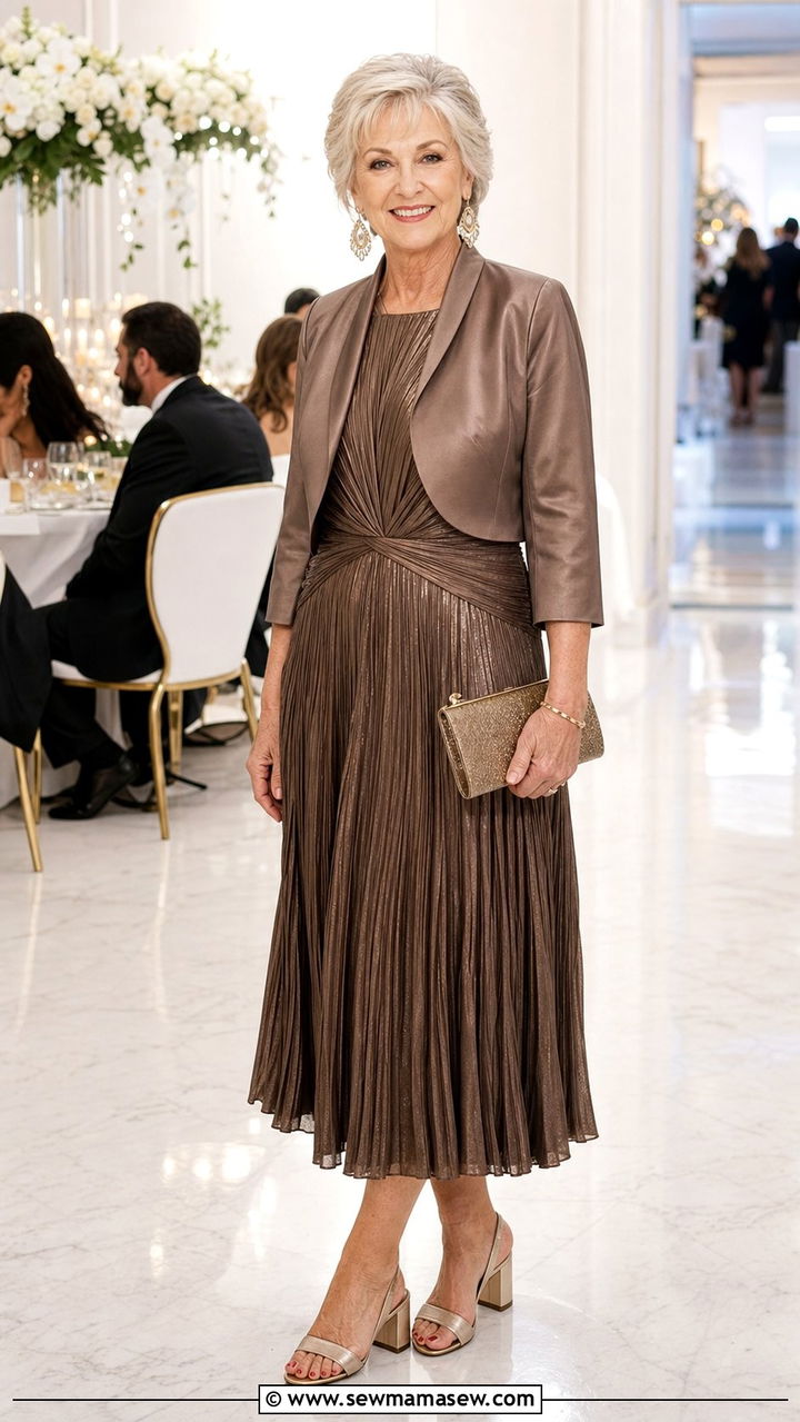Pleated Midi Dress With Block Heels - 25 Dress outfit ideas for women over 60