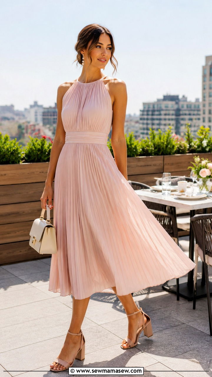 Pleated Midi Dress With Block Heels - 30 Midi dress for brunch outfit ideas