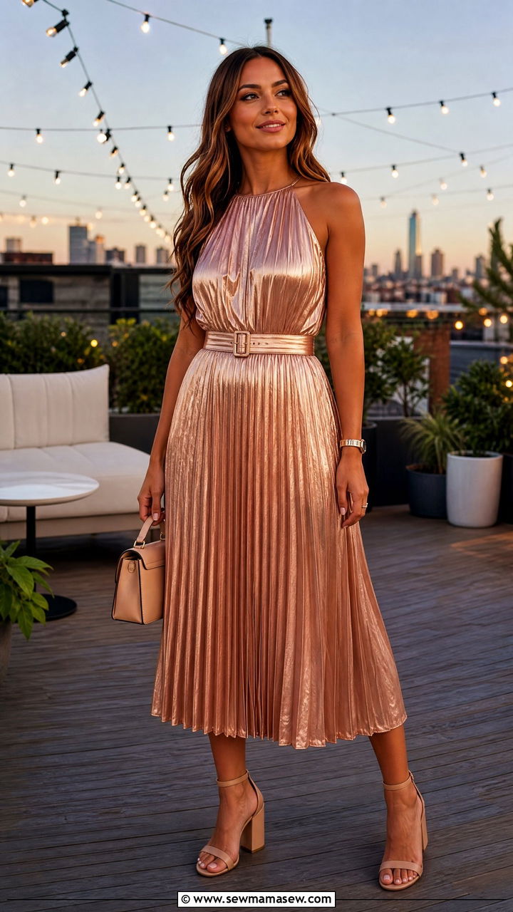 Pleated Midi Dress With Block Heels - 30 Midi dress outfit ideas with heels