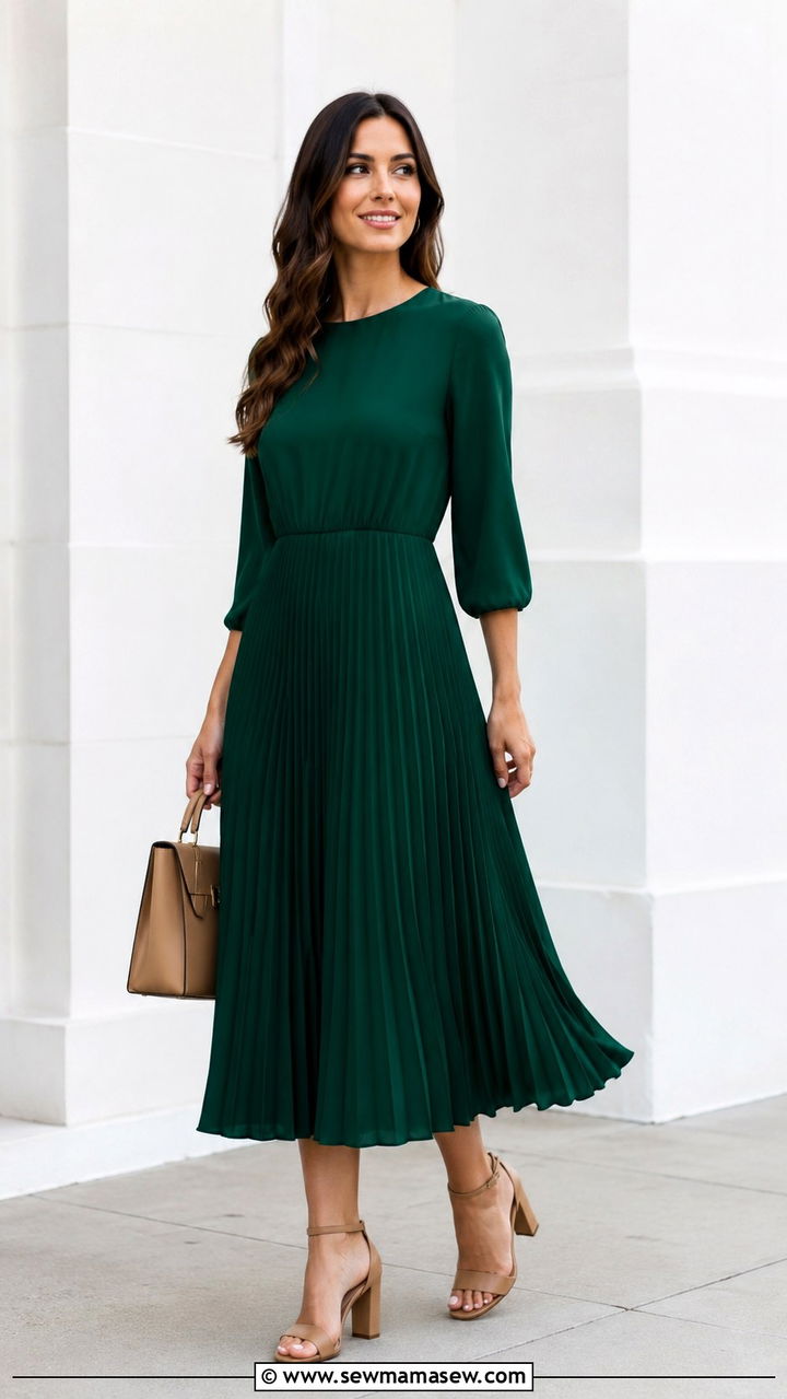 Pleated Midi Dress With Block Heels Wedding Guest - 30 modest wedding guest outfit ideas