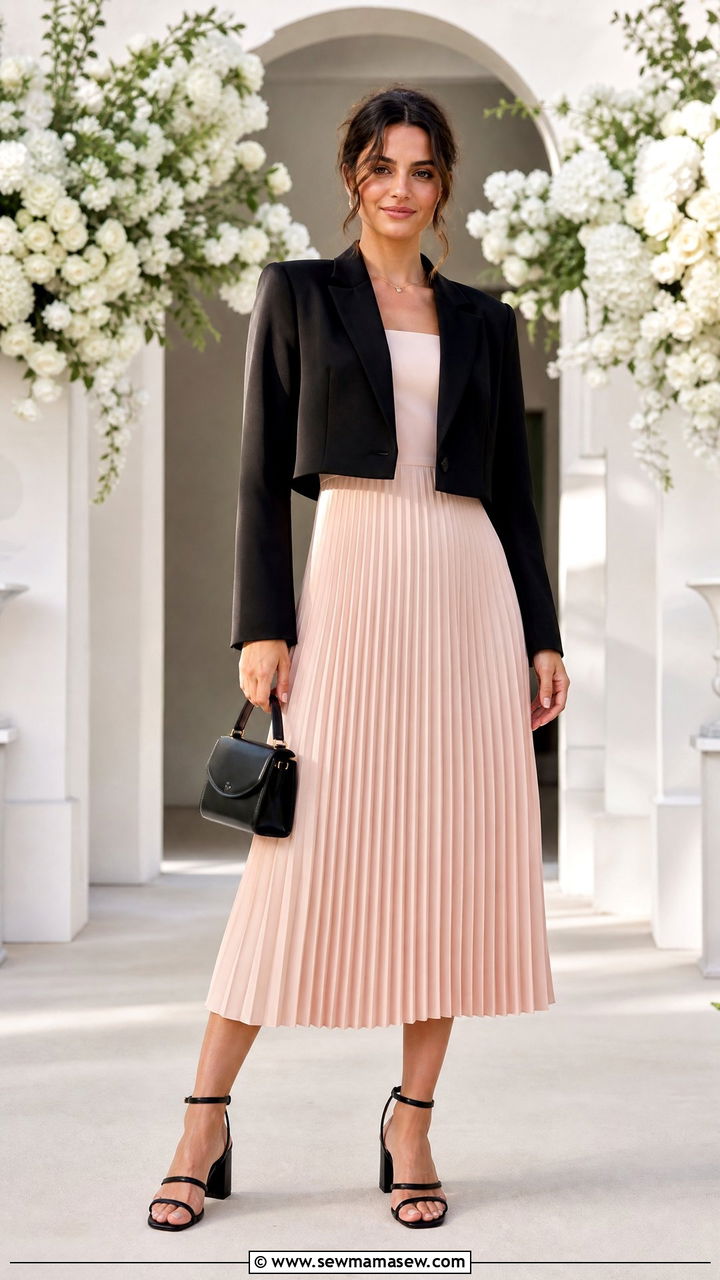 Pleated Midi Dress With Cropped Blazer - 30 Midi dress with blazer outfit ideas