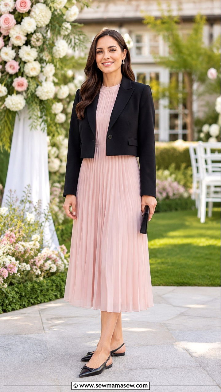 Pleated Midi Dress With Cropped Blazer - 30 Teacher outfits with dresses