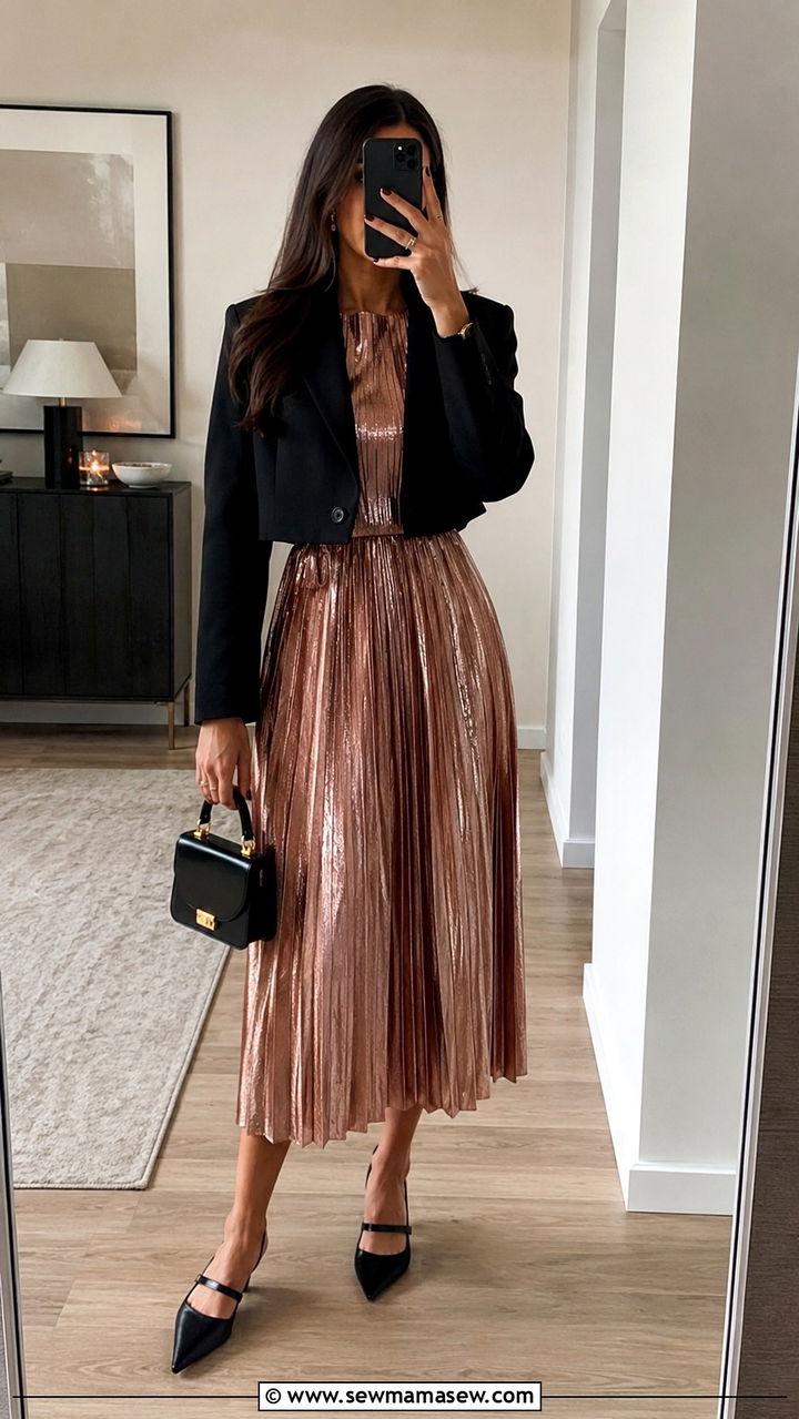 Pleated Midi Dress With Cropped Blazer - 30 Midi dress outfit ideas with a blazer