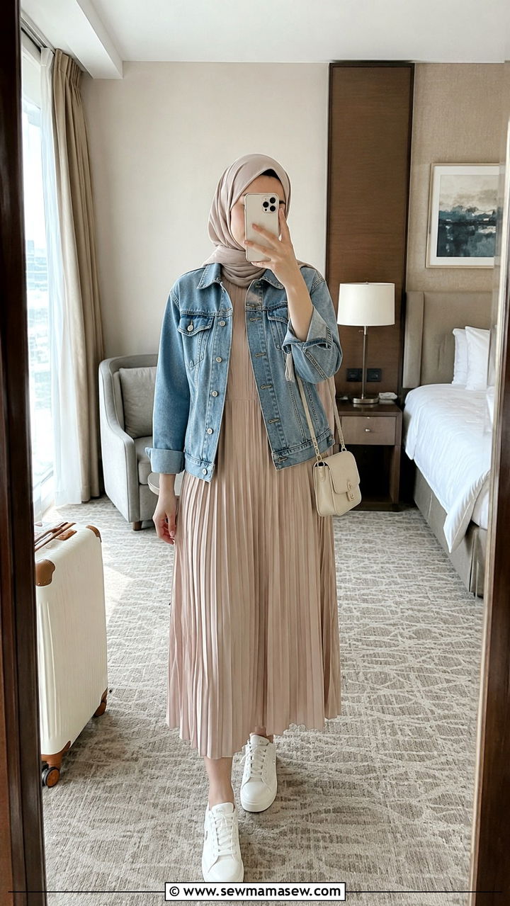 Pleated Midi Dress With Denim Jacket And White Sneakers - 30 Modest travel outfit ideas