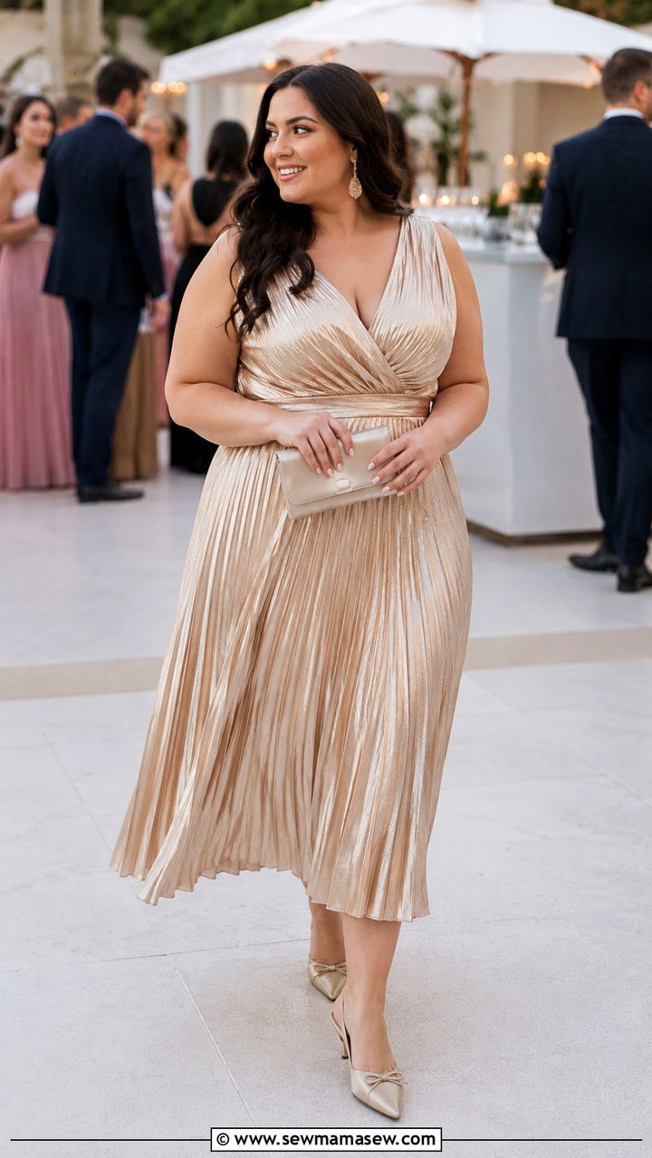 Pleated Midi Dress With Kitten Heel Slingbacks - 30 Plus size outfit ideas for wedding guest