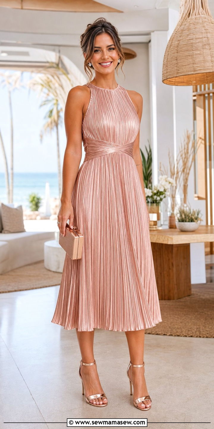Pleated Midi Dress With Metallic Accessories For Beach Wedding - 35 Beach wedding guest outfits