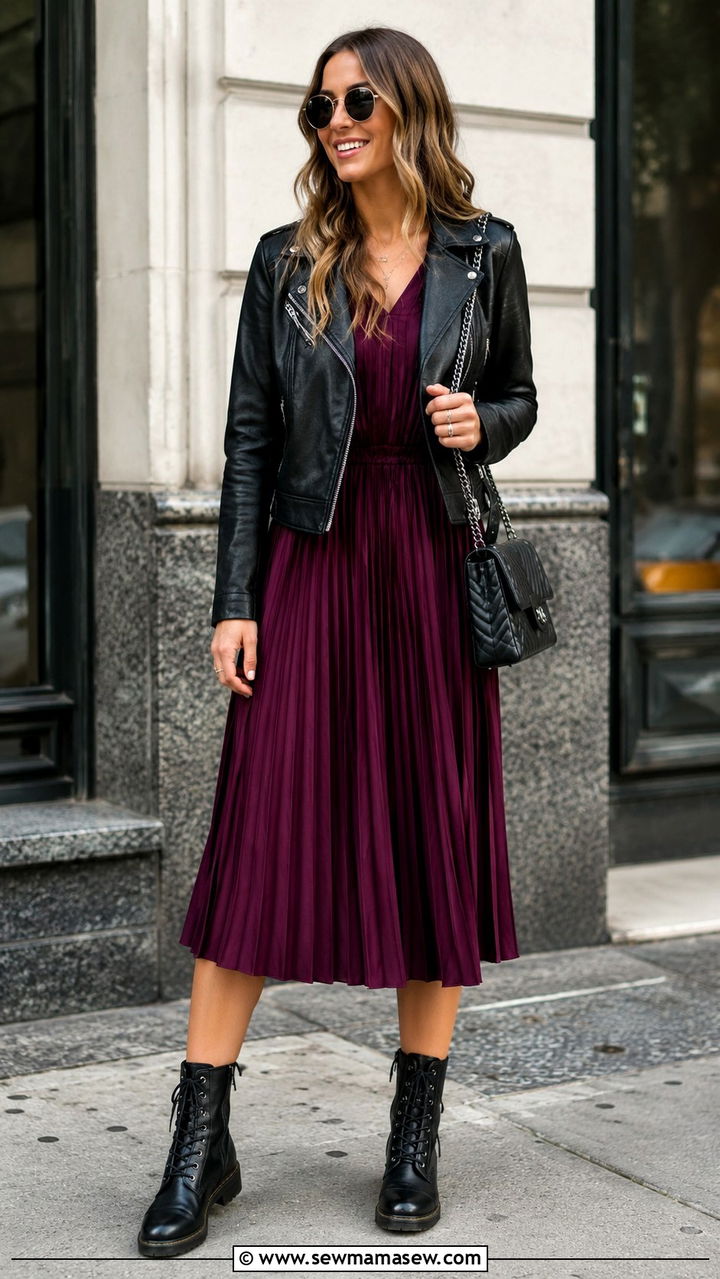 Pleated Midi Dress With Moto Jacket and Combat Boots - 30 Midi dress outfit ideas with a jacket