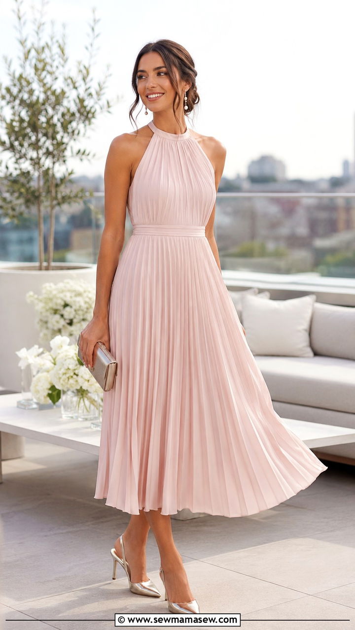 Pleated Midi Dress With Slingback Heels - 30 Midi dress outfit ideas for summer