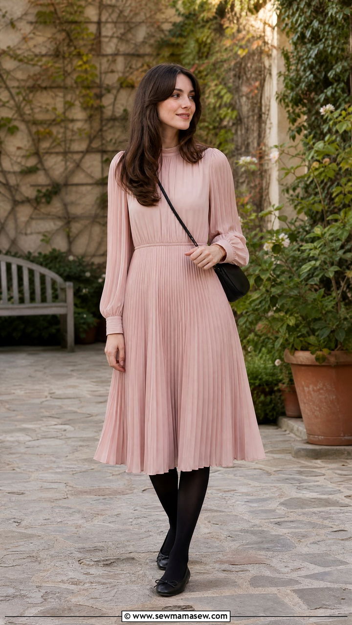 Pleated Midi Dress With Tights And Ballet Flats - 30 Midi dress outfit ideas with tights
