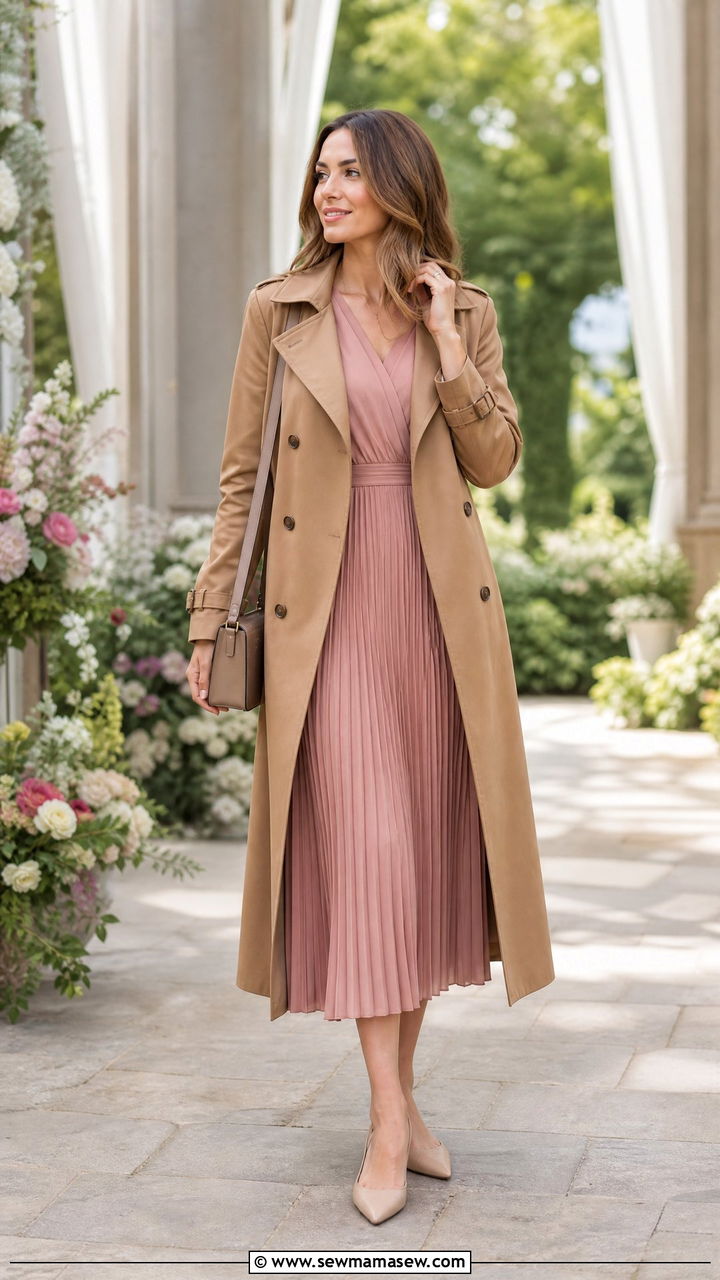 Pleated Midi Dress With Trench Coat Outfit - 25 Midi dress with trench coat outfit ideas