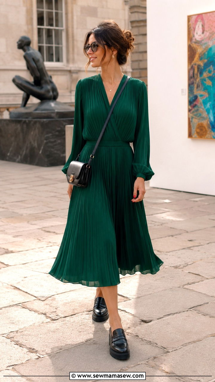 Pleated Midi Dress and Platform Loafers - 25 Midi dress with loafers outfit ideas