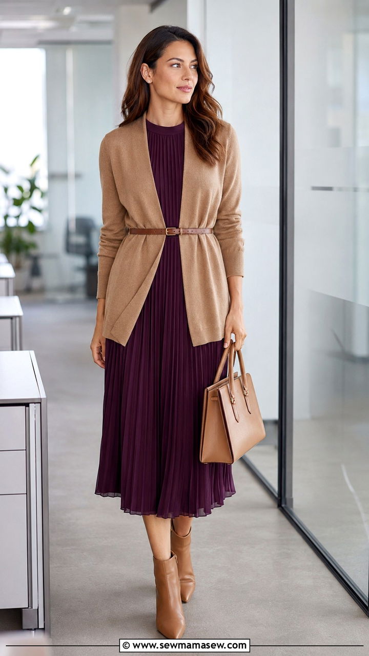 Pleated Midi Dress with Belted Cardigan - 30 Midi dress with cardigan outfit ideas
