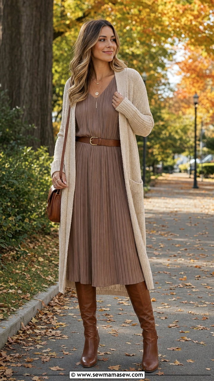 Pleated Midi Dress with Cardigan and Knee High Boots - 35 casual midi dress outfits