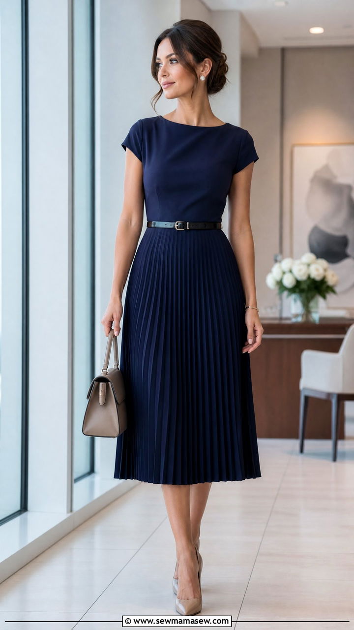 Pleated Midi Dress with Slim Patent Belt and Pointed Toe Pumps - 30 Midi dress outfit ideas with a belt