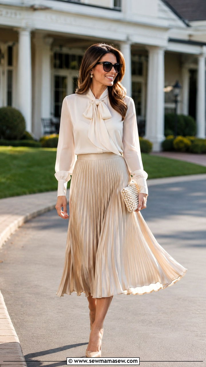 Pleated Midi Skirt And Blouse Outfit - 30 modest spring wedding guest outfit ideas