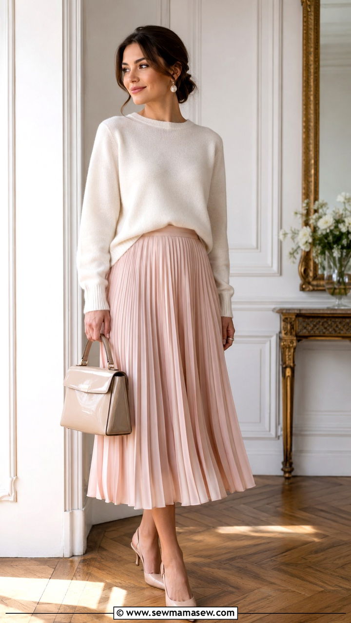 Pleated Midi Skirt And Cashmere Sweater With Top Handle Bag - 30 Spring outfits with bags