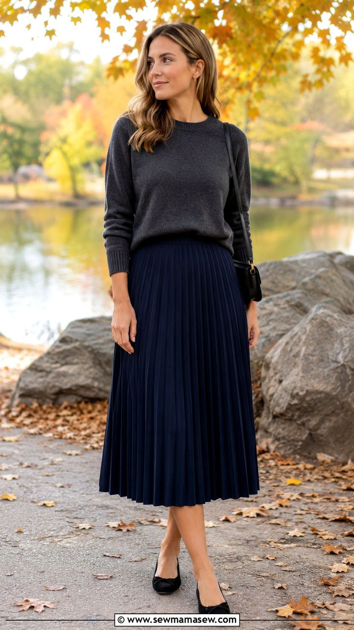 Pleated Midi Skirt And Crewneck Sweater With Ballet Flats - 25 Old money outfit ideas with ballet flats