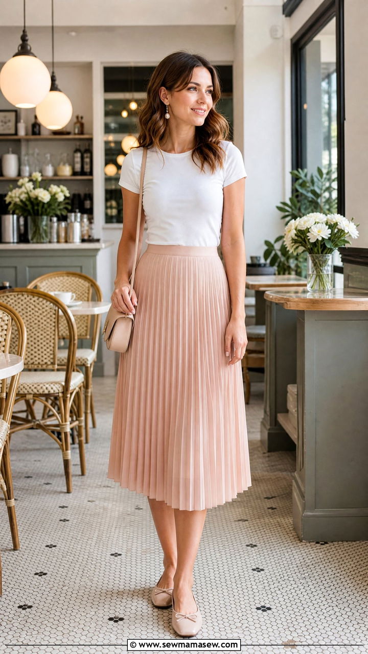 Pleated Midi Skirt And Fitted Tee - 30 Mother's Day brunch outfit ideas