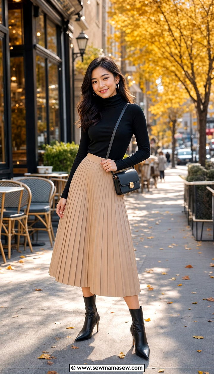 Pleated Midi Skirt And Fitted Turtleneck Brunch - 35 Brunch outfits for petite women