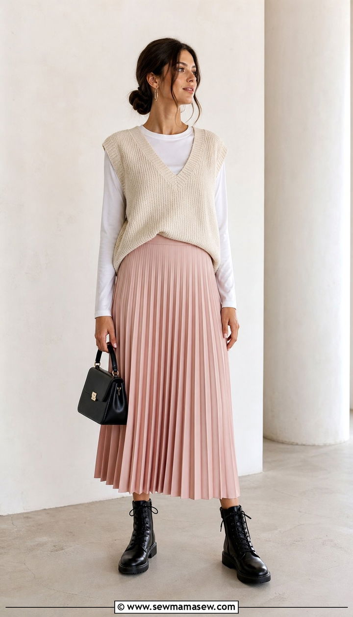 Pleated Midi Skirt And Knit Vest With Combat Boots - 25 Spring outfits with combat boots
