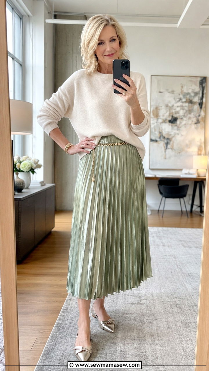 Pleated Midi Skirt And Lightweight Knit - 20 Mature woman outfit ideas 2026