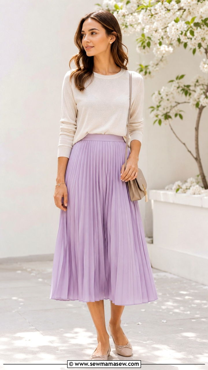 Pleated Midi Skirt And Lightweight Sweater With Delicate Bracelet - 30 Spring outfits with jewelry