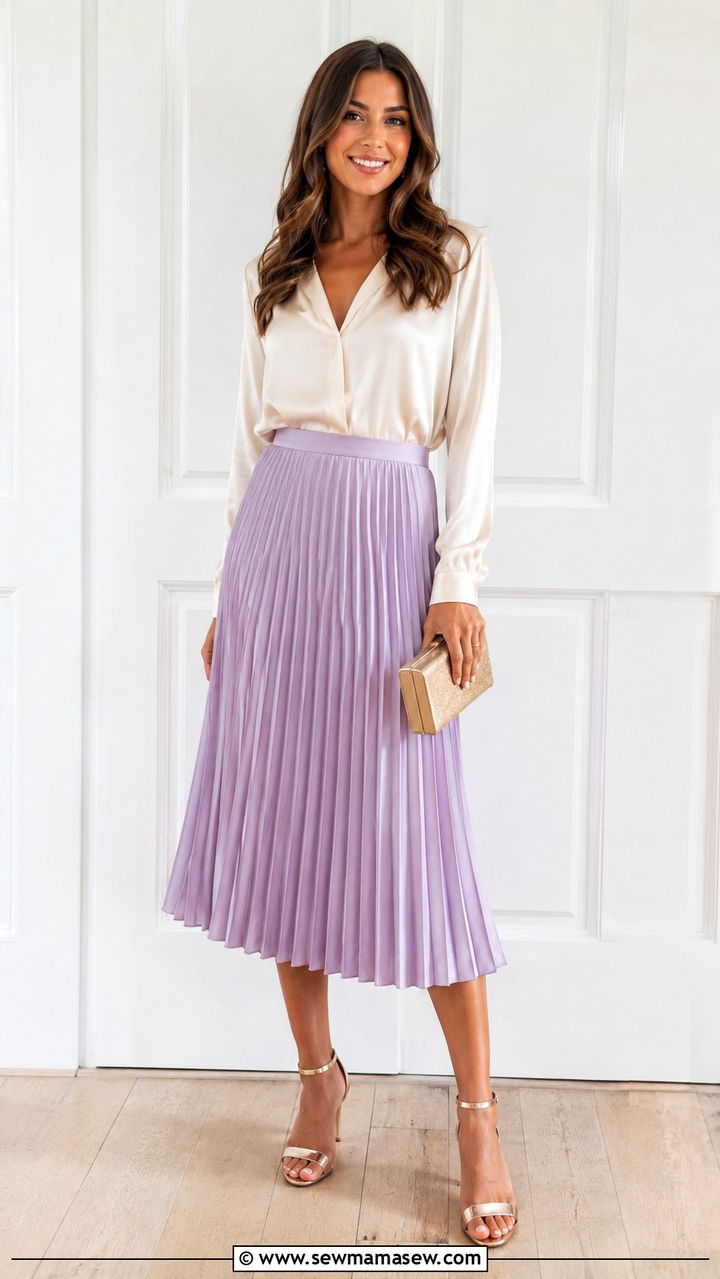 Pleated Midi Skirt And Satin Blouse Bridal Shower - 30 classy bridal shower outfit ideas