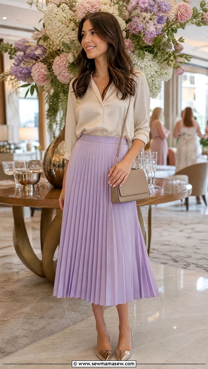 Pleated Midi Skirt And Silk Blouse - 30 cute bridal shower outfits
