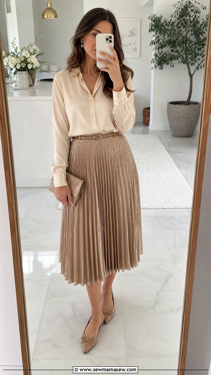 Pleated Midi Skirt And Silk Blouse - 35 graduation outfits for women
