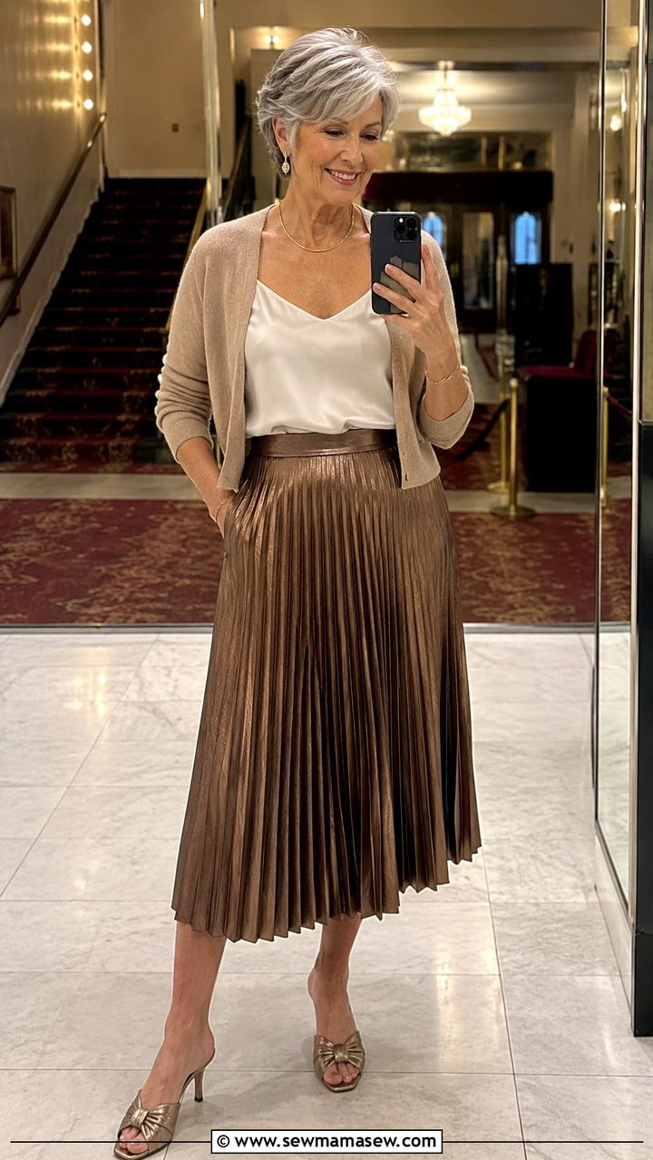 Pleated Midi Skirt And Silk Cami - 20 Birthday outfits for women over 60