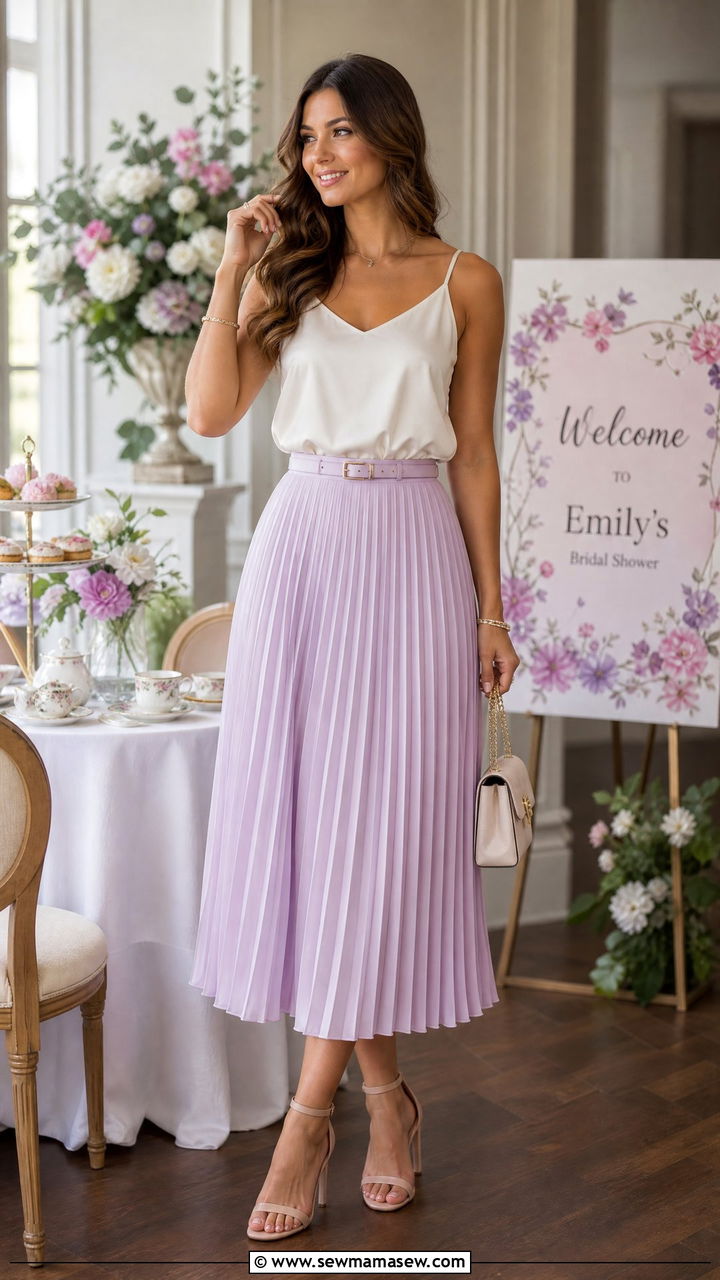 Pleated Midi Skirt And Silk Cami Outfit - 30 bridal shower outfit ideas for women