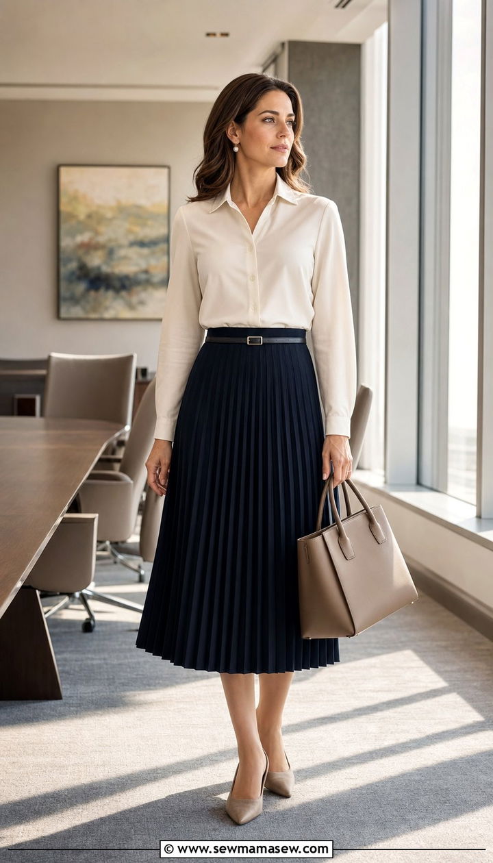 Pleated Midi Skirt And Tucked Blouse For Deposition - 25 Deposition outfit ideas